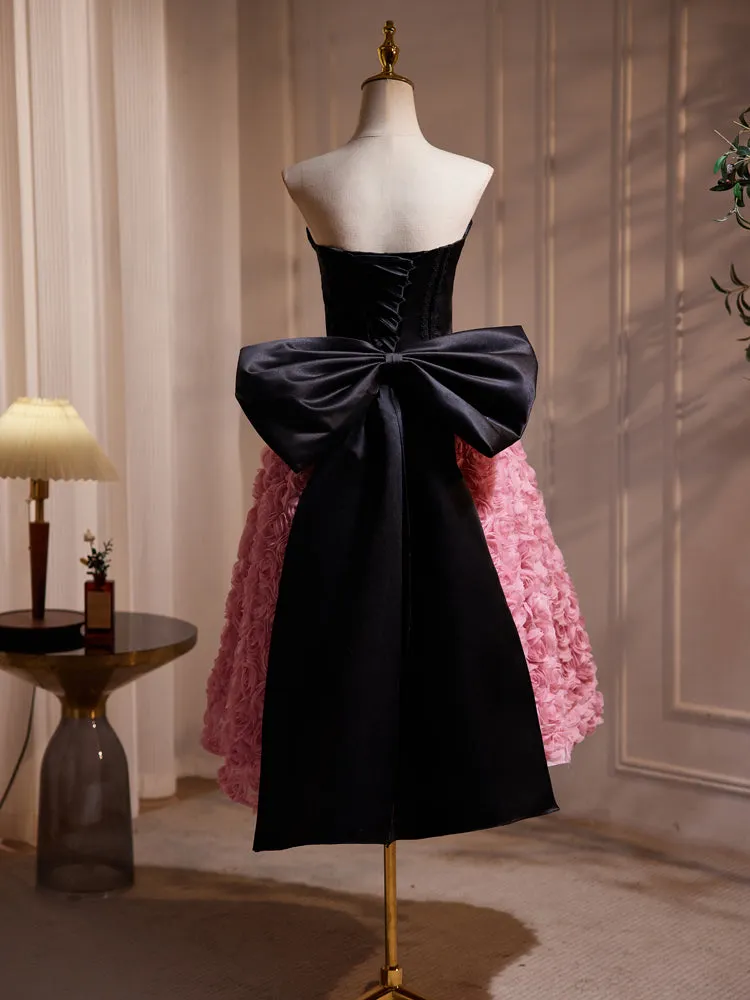 Hepburn Style Strapless Black Pink Tea Length Prom Dresses