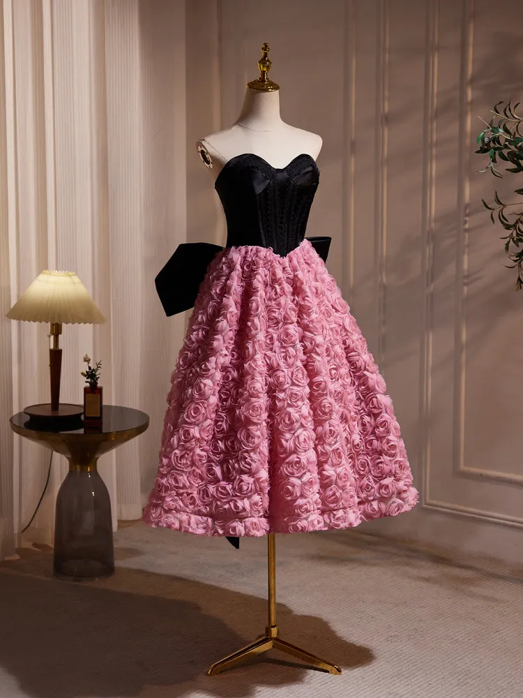 Hepburn Style Strapless Black Pink Tea Length Prom Dresses