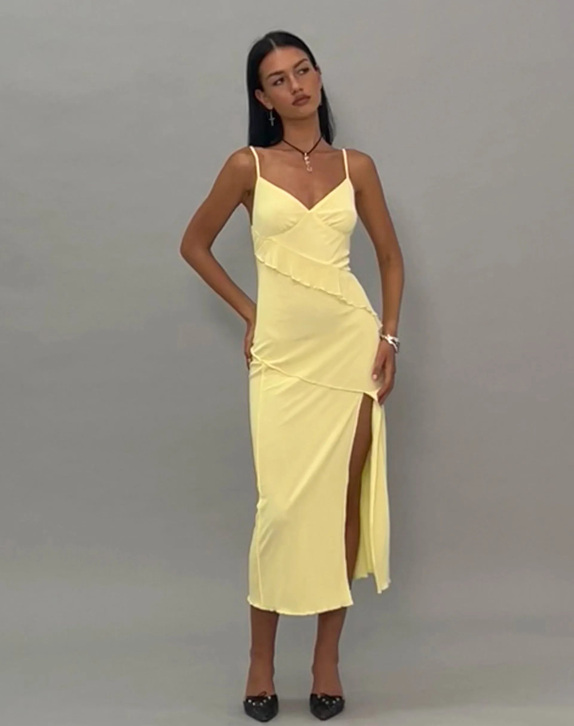 Jacy Ruffle Midi Dress in Mesh Lemon