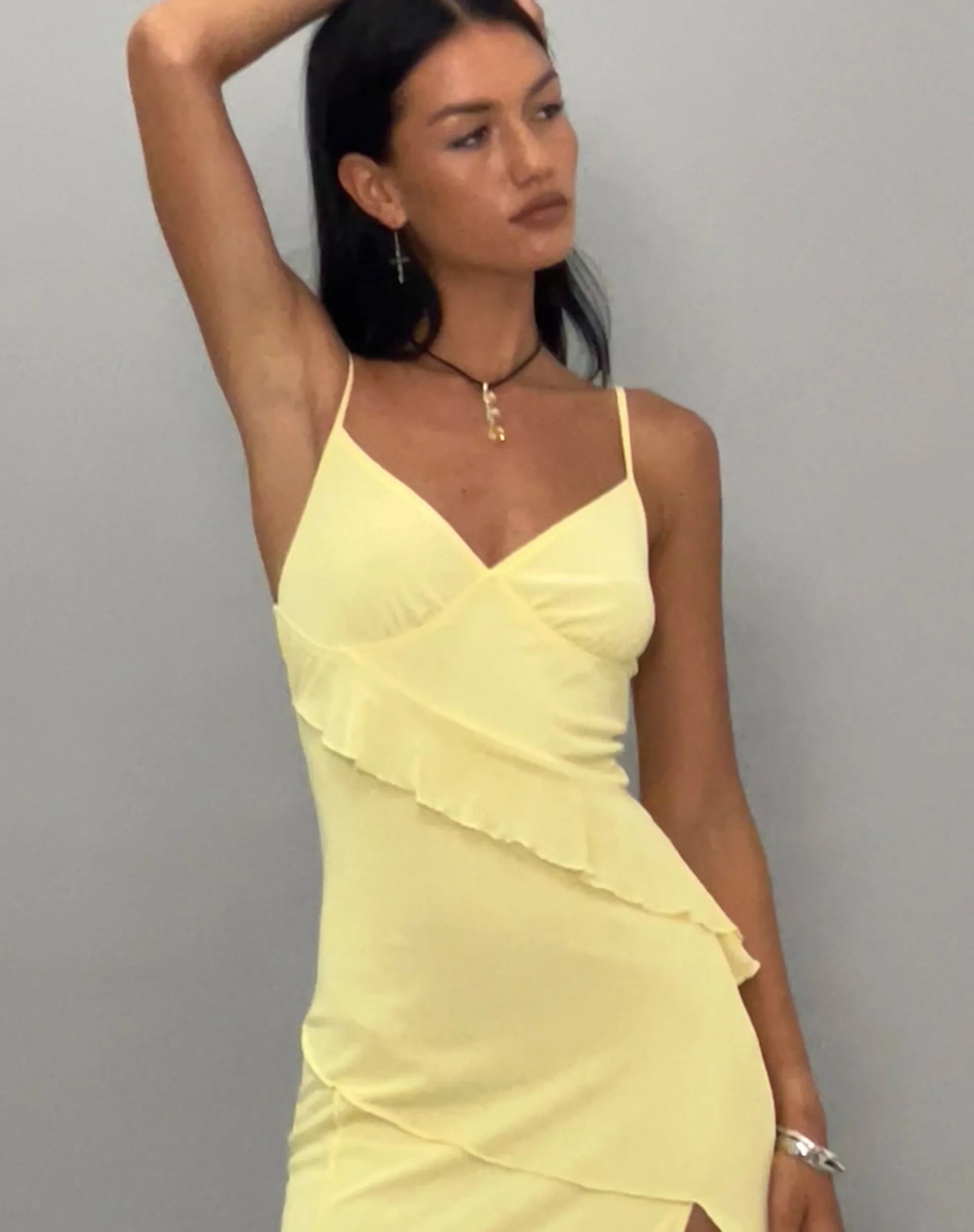 Jacy Ruffle Midi Dress in Mesh Lemon