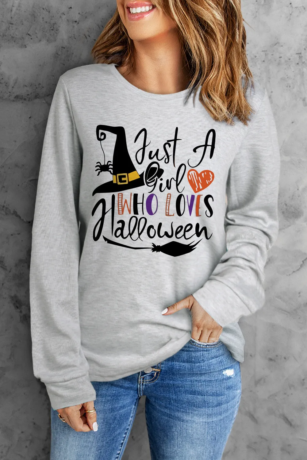 Just A Girl Who Loves Halloween Graphic Print Long Sleeve Top