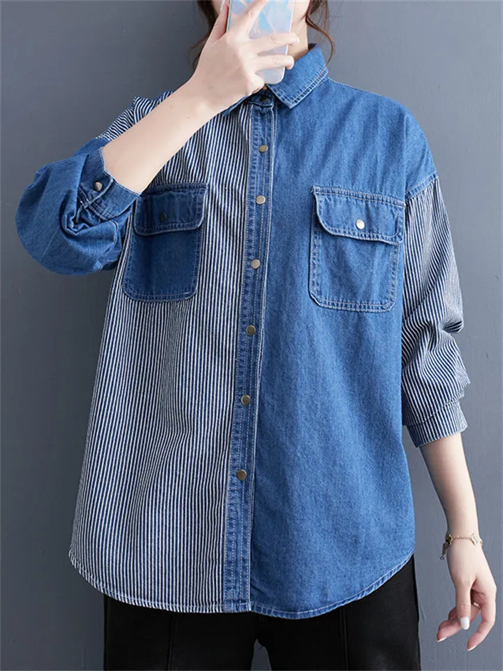 Lady Button Up Stripe Splicing Denim Shirts