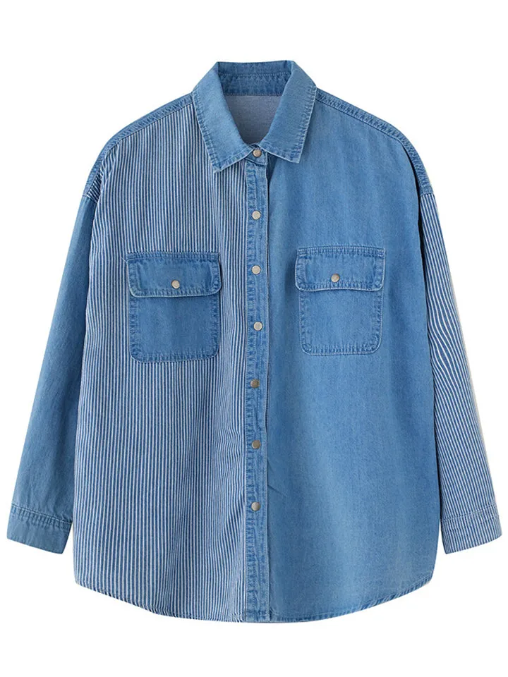 Lady Button Up Stripe Splicing Denim Shirts