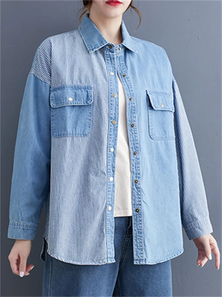 Lady Button Up Stripe Splicing Denim Shirts