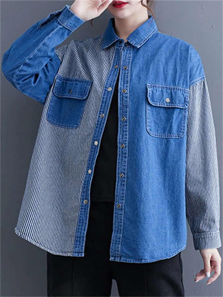 Lady Button Up Stripe Splicing Denim Shirts