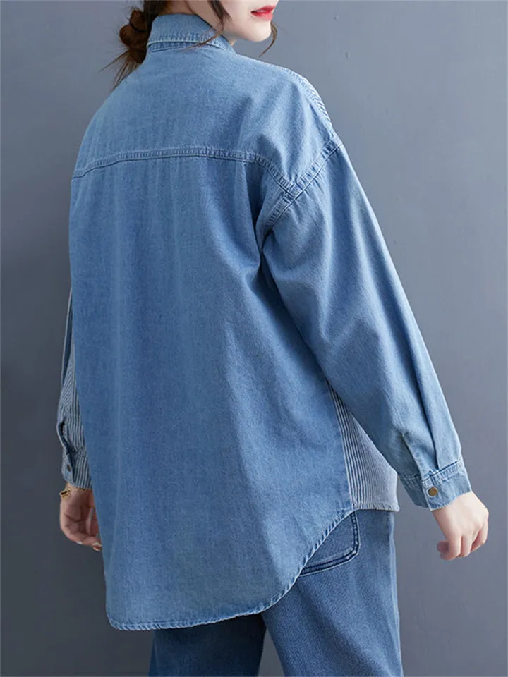 Lady Button Up Stripe Splicing Denim Shirts