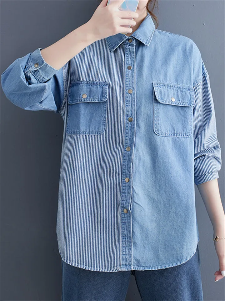 Lady Button Up Stripe Splicing Denim Shirts