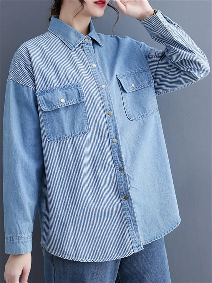 Lady Button Up Stripe Splicing Denim Shirts