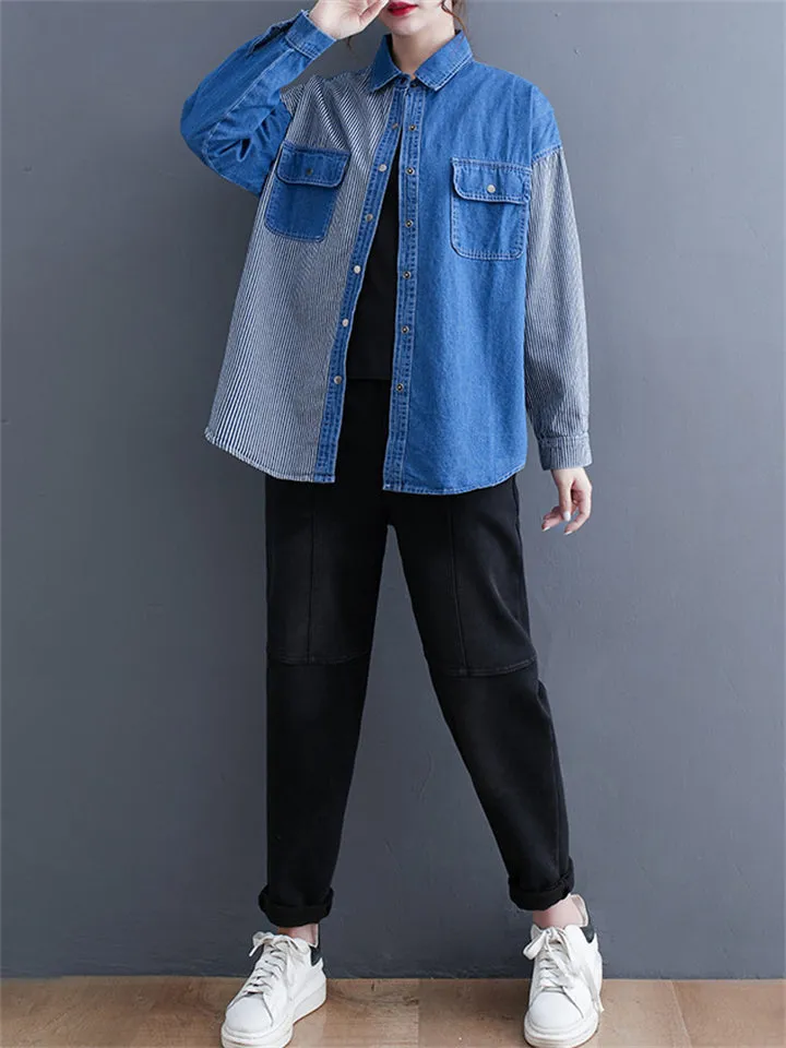 Lady Button Up Stripe Splicing Denim Shirts