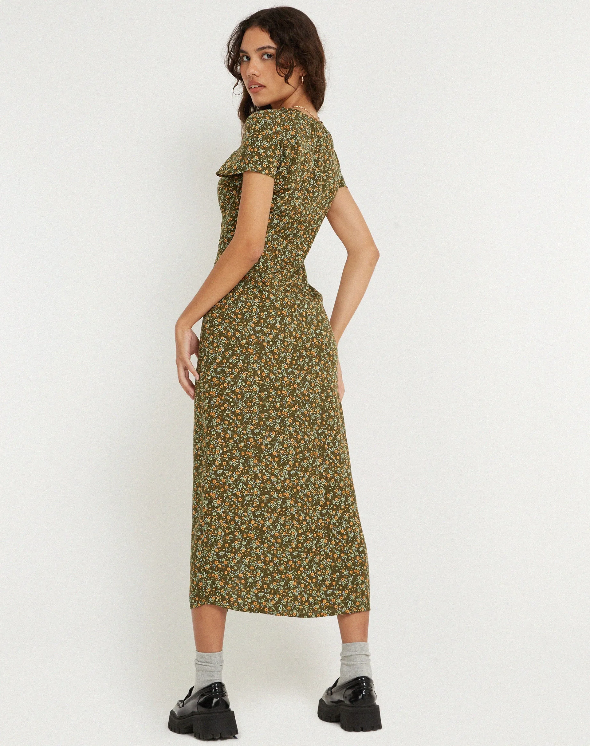 Larin Midi Dress in Grungey Floral Khaki