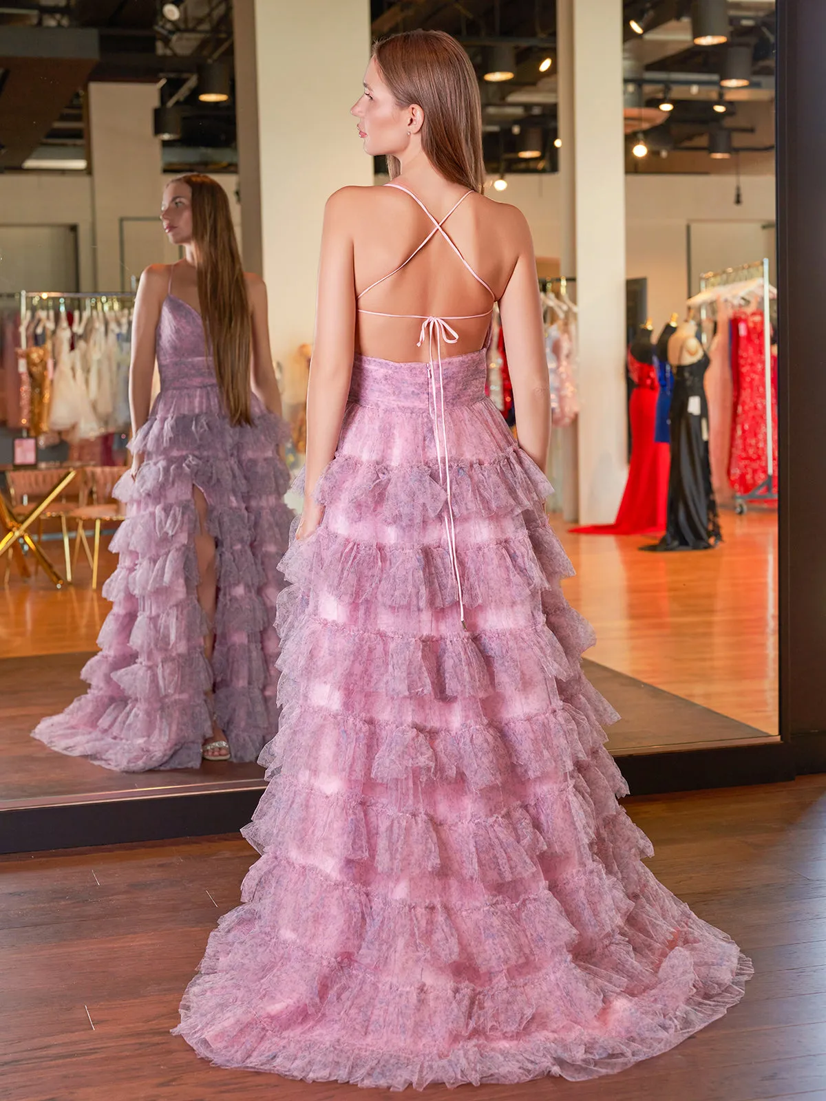 Lena |A Line Spaghetti Straps Printed Tulle Prom Dress with Ruffles