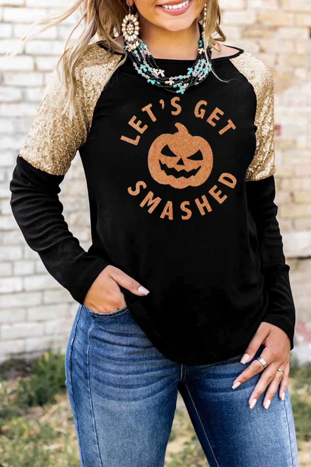 Let's Get Smashed Pumpkin Glitter Print Sequin Contrast Top