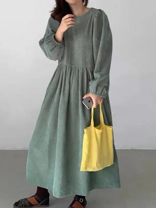 Loose Pleated High Waist Puff Sleeve Corduroy Dress