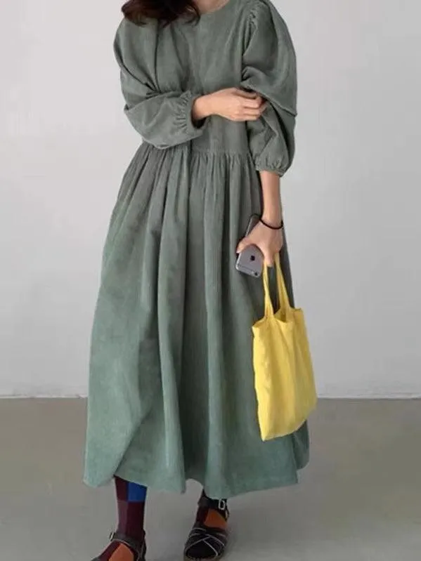 Loose Pleated High Waist Puff Sleeve Corduroy Dress