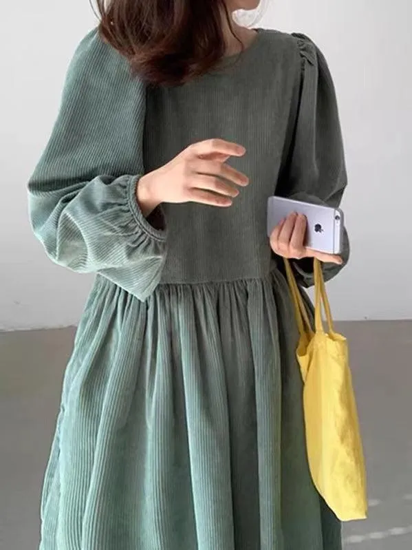 Loose Pleated High Waist Puff Sleeve Corduroy Dress