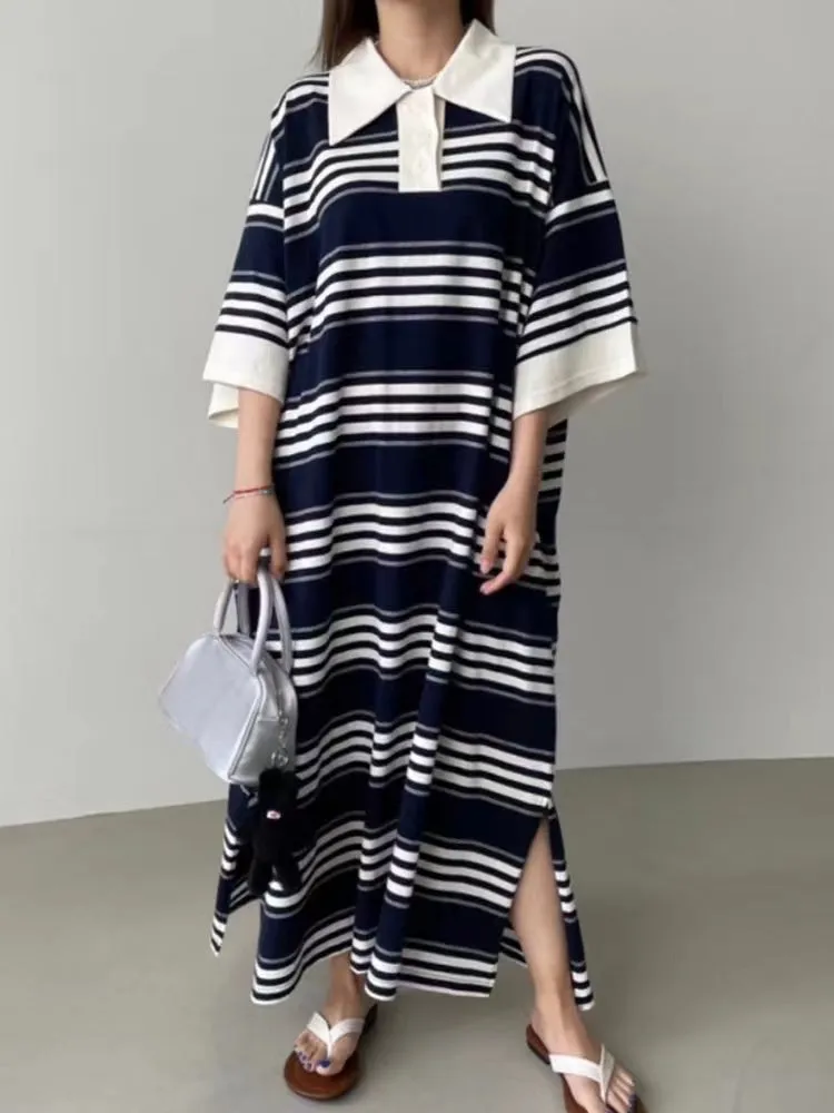 Loose Striped Long Polo Dress