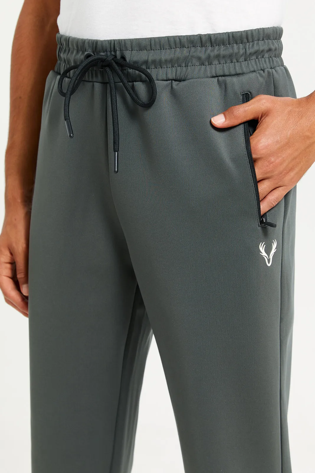 Men Grey Plain Soft Touch Zip Pocket Joggers