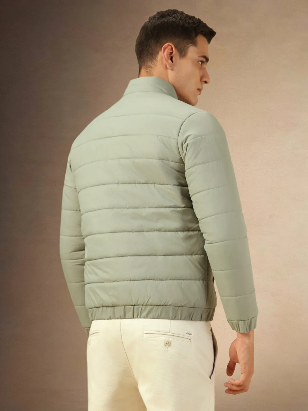 Men's Green Mock Neck Full Sleeves Puffer Jacket