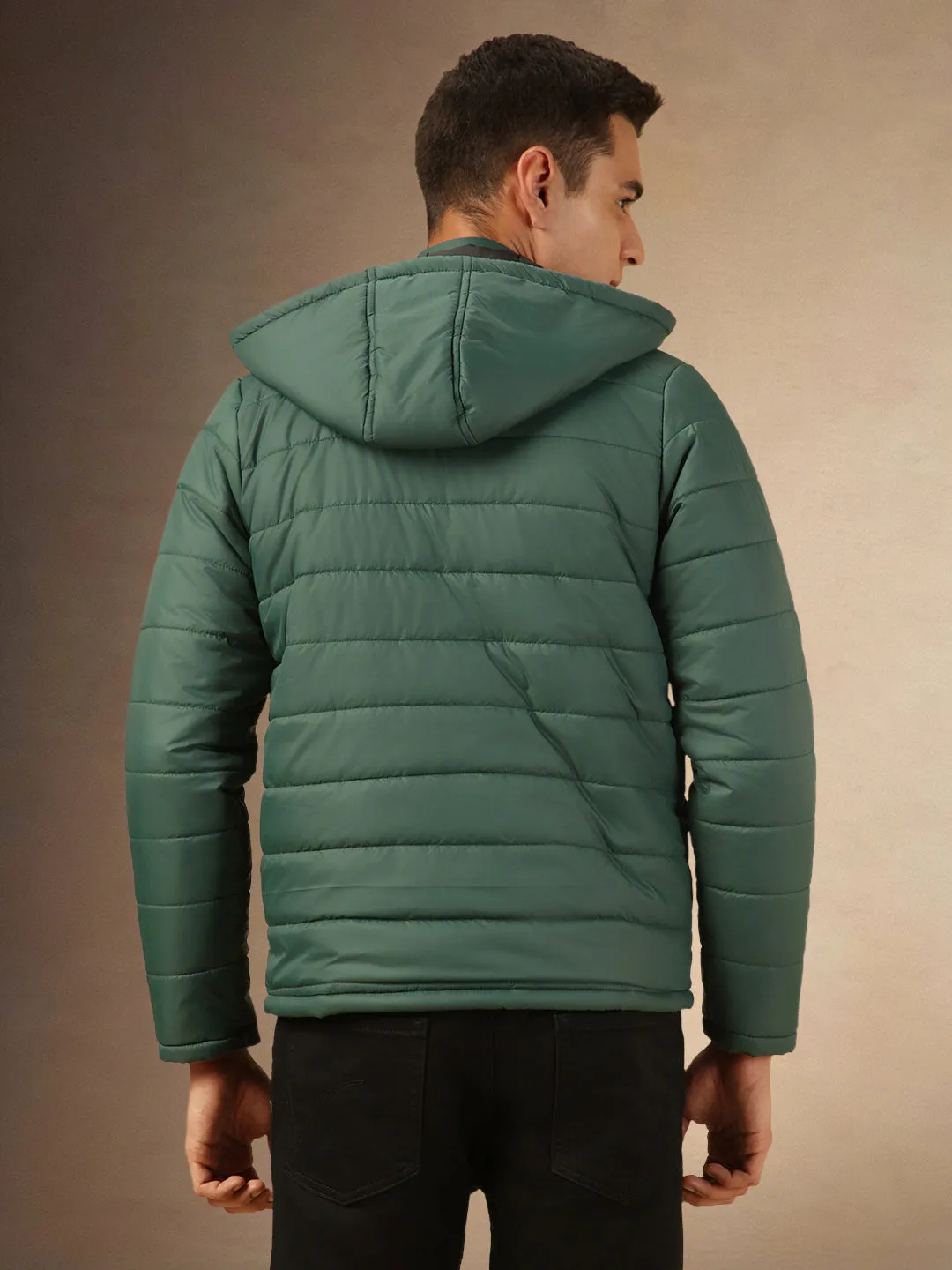 Men's Green Regular Fit Hooded Puffer Jackets