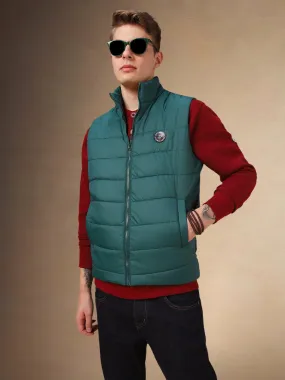 Men's Green Solid Mock Collar Sleeveless Jacket