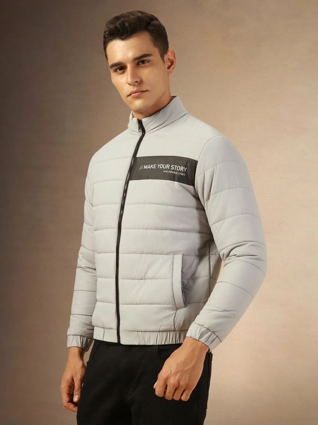 Men's Grey Mock Neck Full Sleeves Puffer Jacket