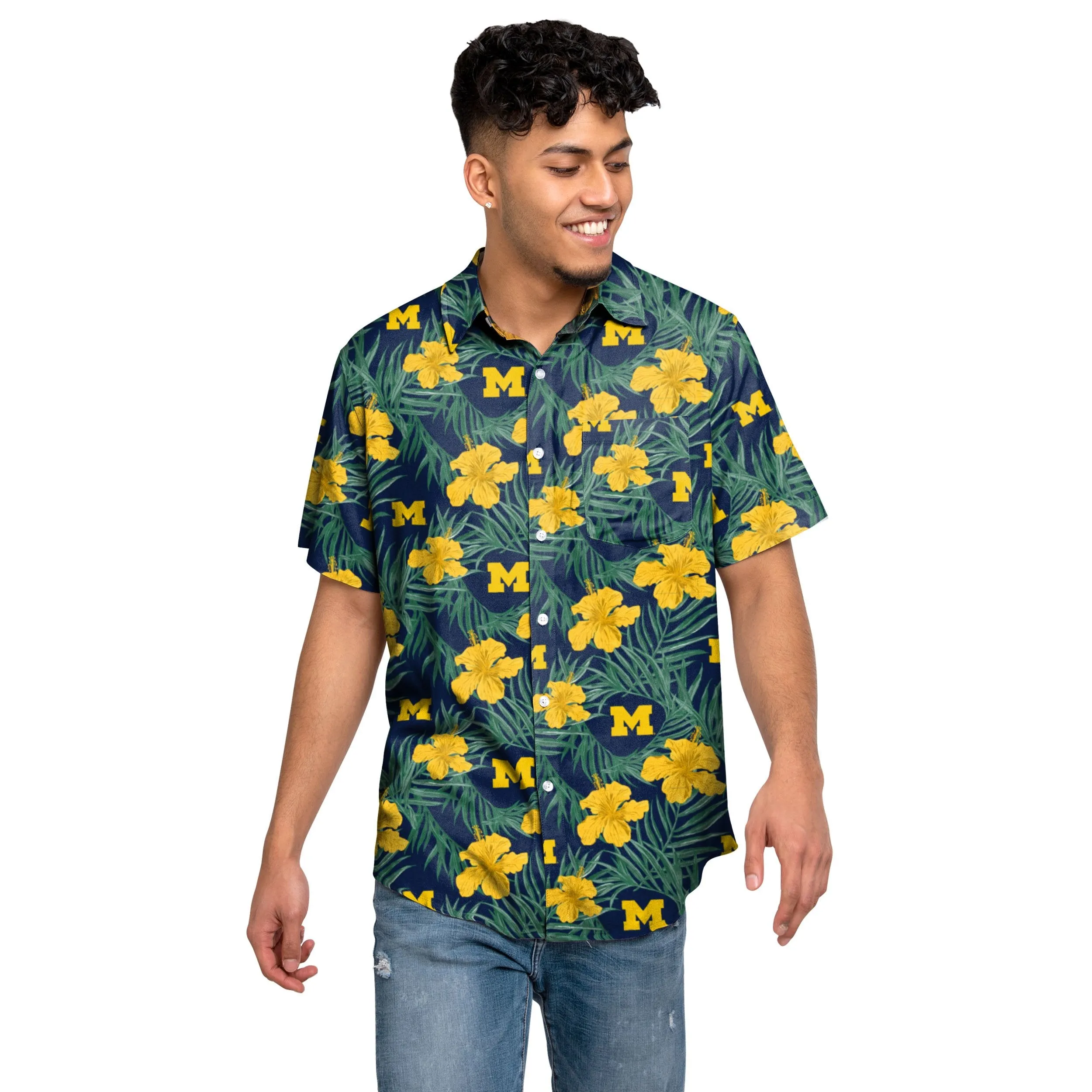 Michigan Wolverines NCAA Mens Hibiscus Button Up Shirt