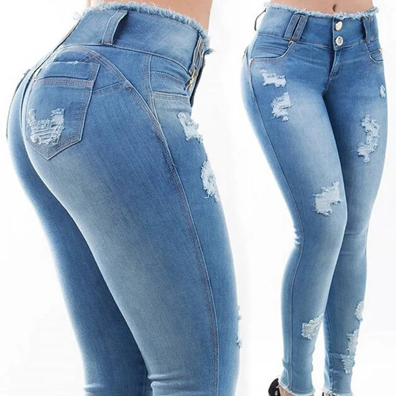 New Stretchy Blue Tassel Ripped Jeans Women