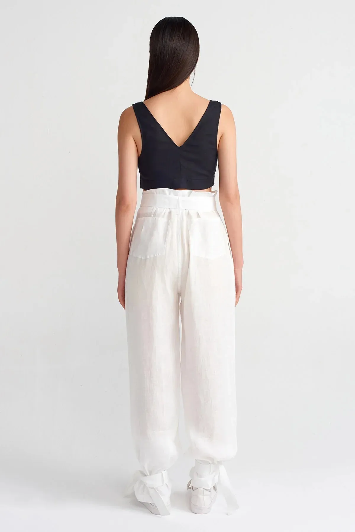 Nu Cuffed Tie Detail Linen Jogger Trouser Off White