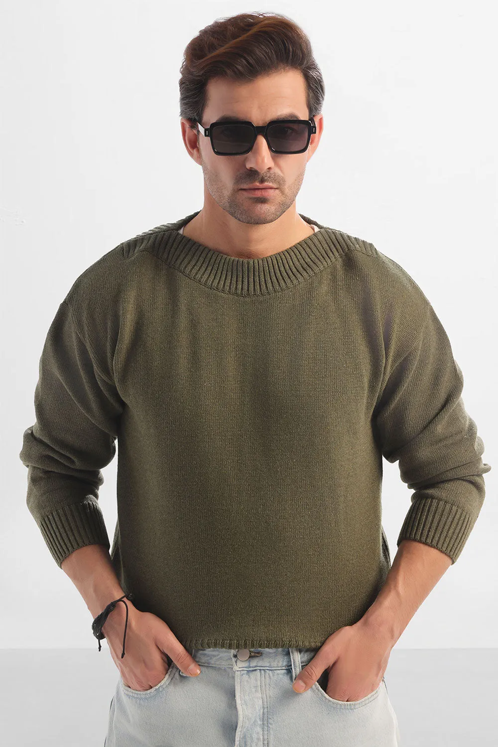 Olive Green Boat Neck Cropped Fit Sweater