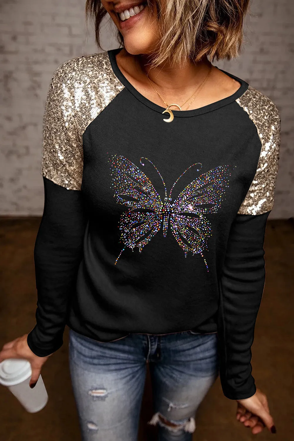 Rhinestone Butterfly Sequin Patchwork Long Sleeve Top