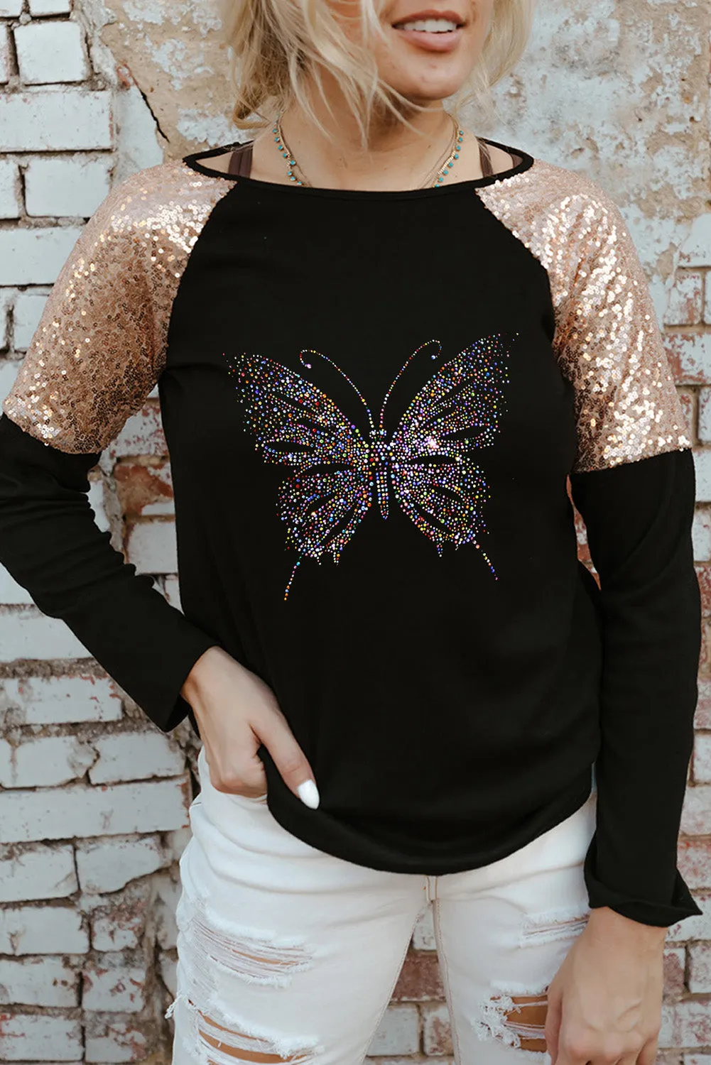 Rhinestone Butterfly Sequin Patchwork Long Sleeve Top