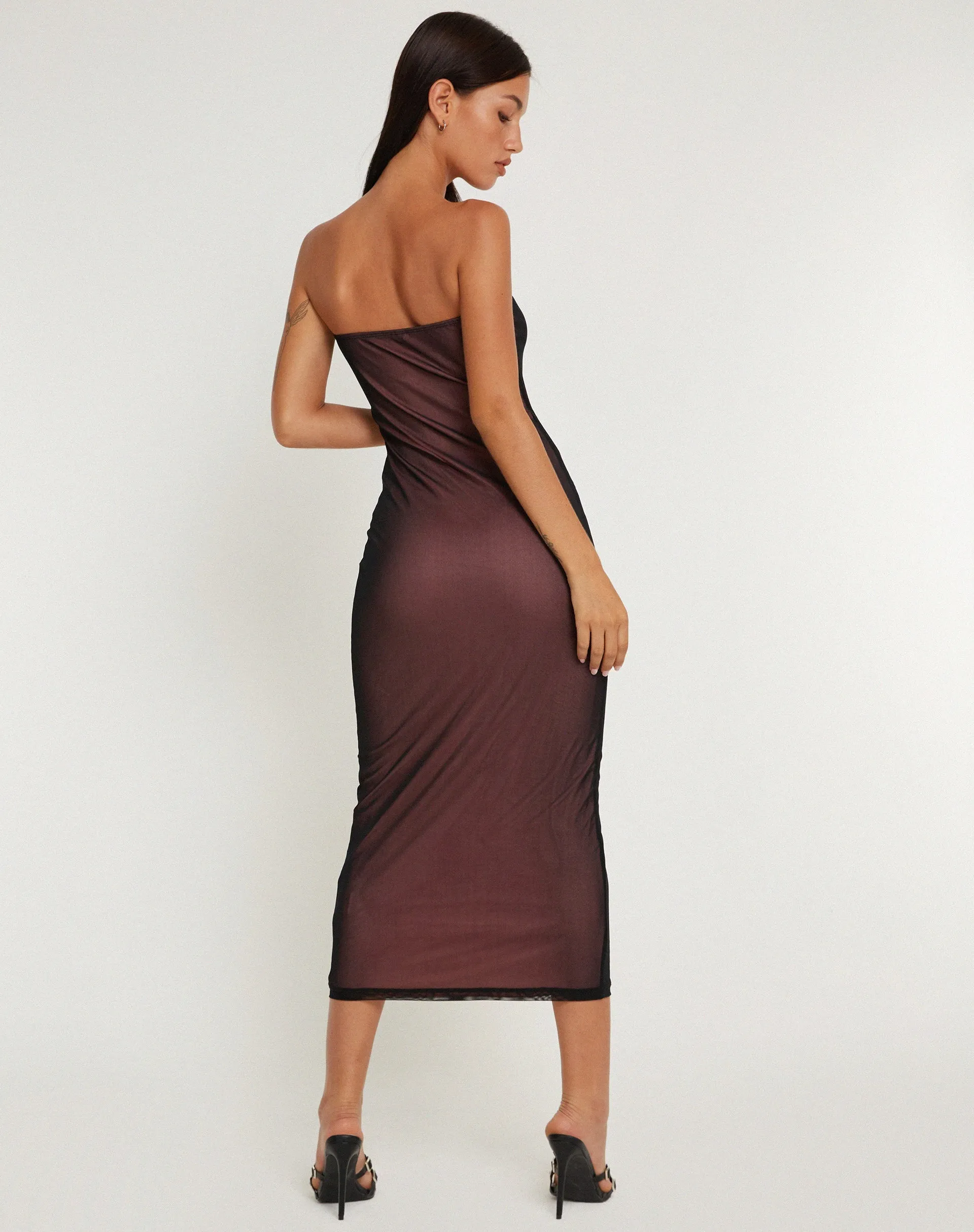 Rosbandi Bandeau Midi Dress in Black Pink Lining