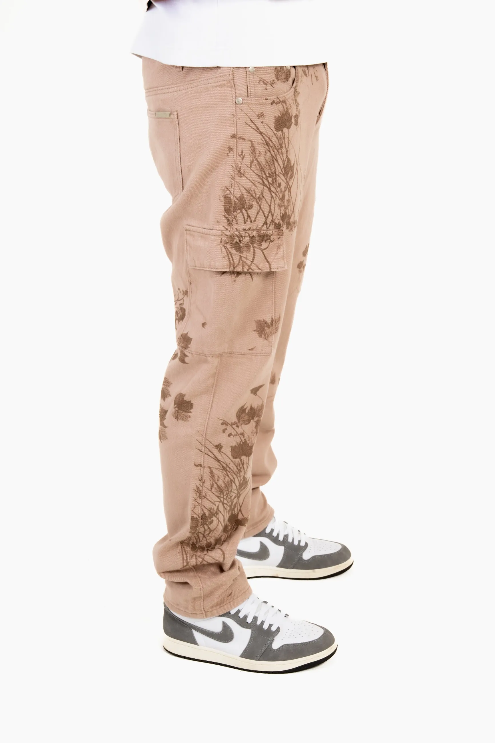 Sand & Brown Floral Twill Relaxed Cargo Jeans