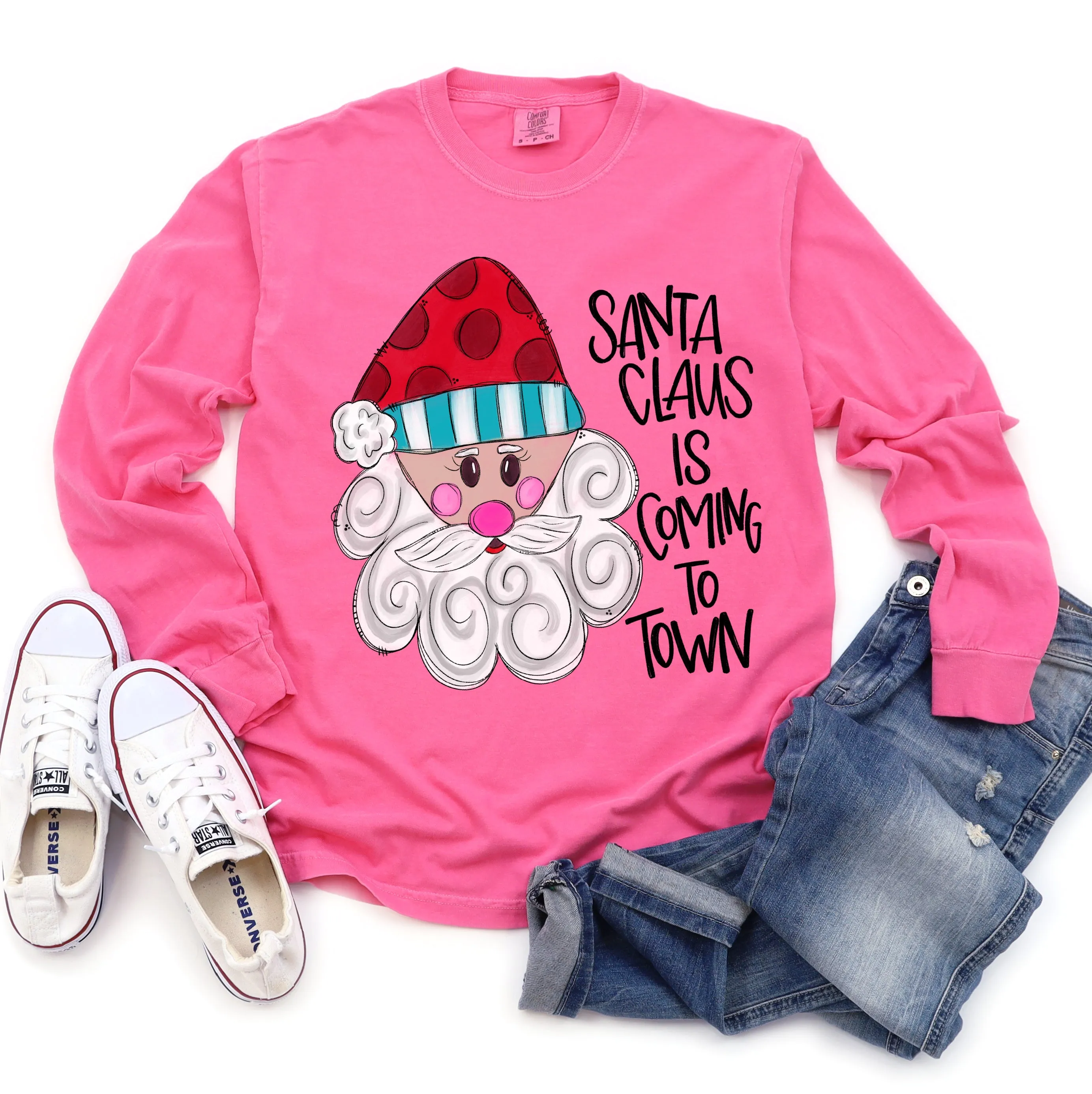 Santa Claus Is Coming To Town Pink Christmas Tees / Cute Mommy and Me - Family Christmas Shirts