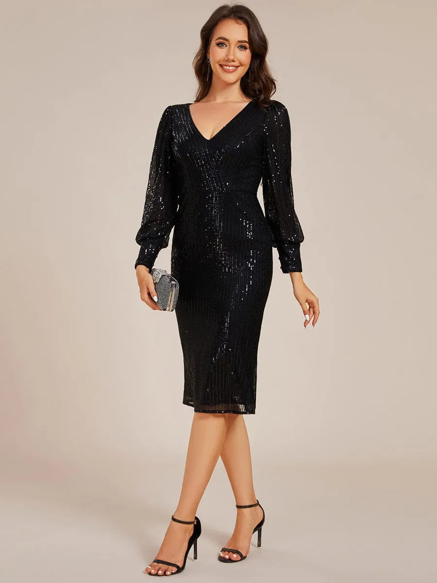 Sequin V-Neck Bodycon Midi Wedding Guest Dress with Long Sleeves