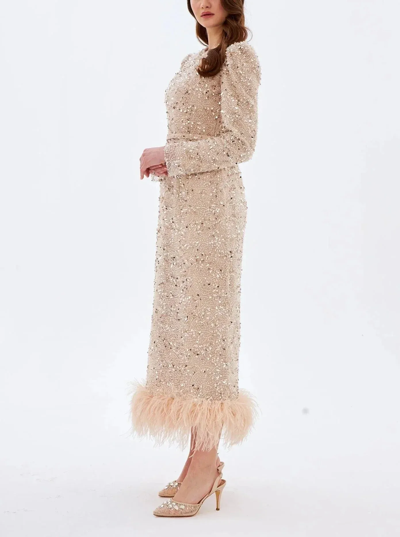 Sequined Feather Slim Dress