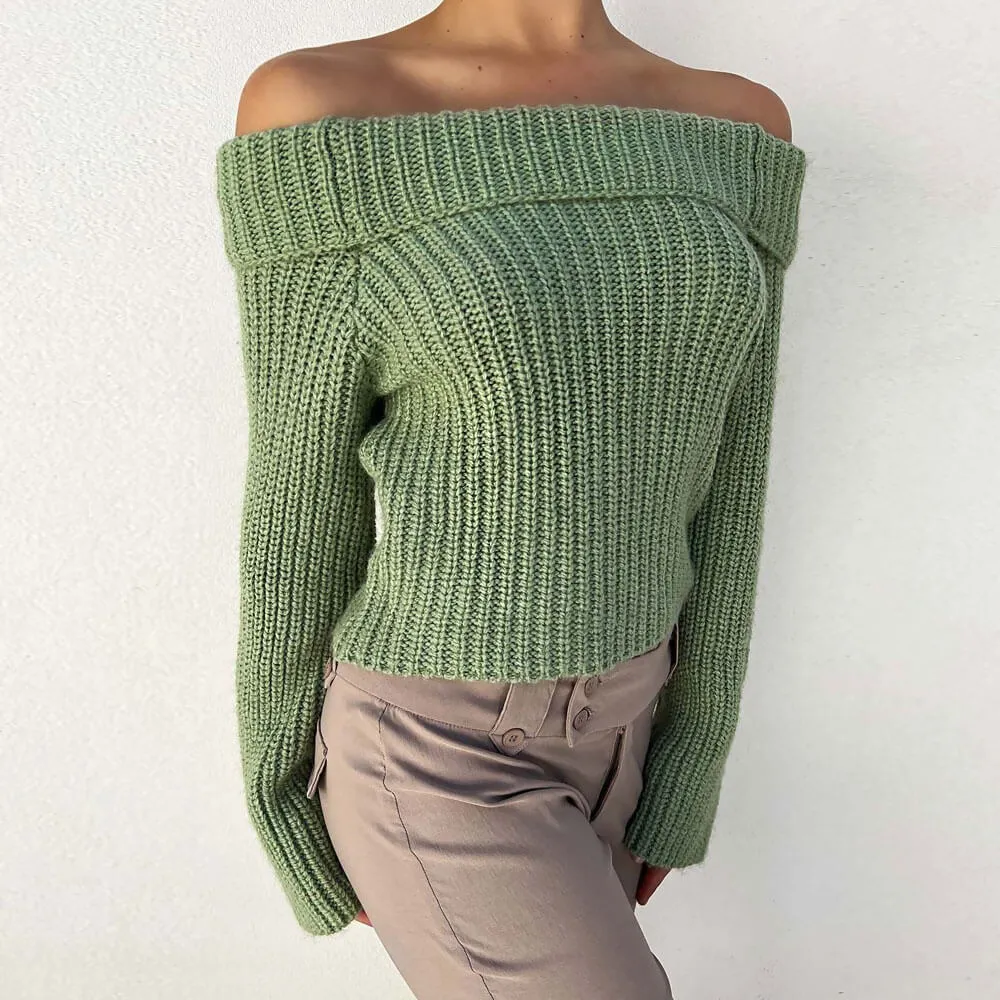 Sexy Foldover Off The Shoulder Brioche Rib Knit Cropped Sweater