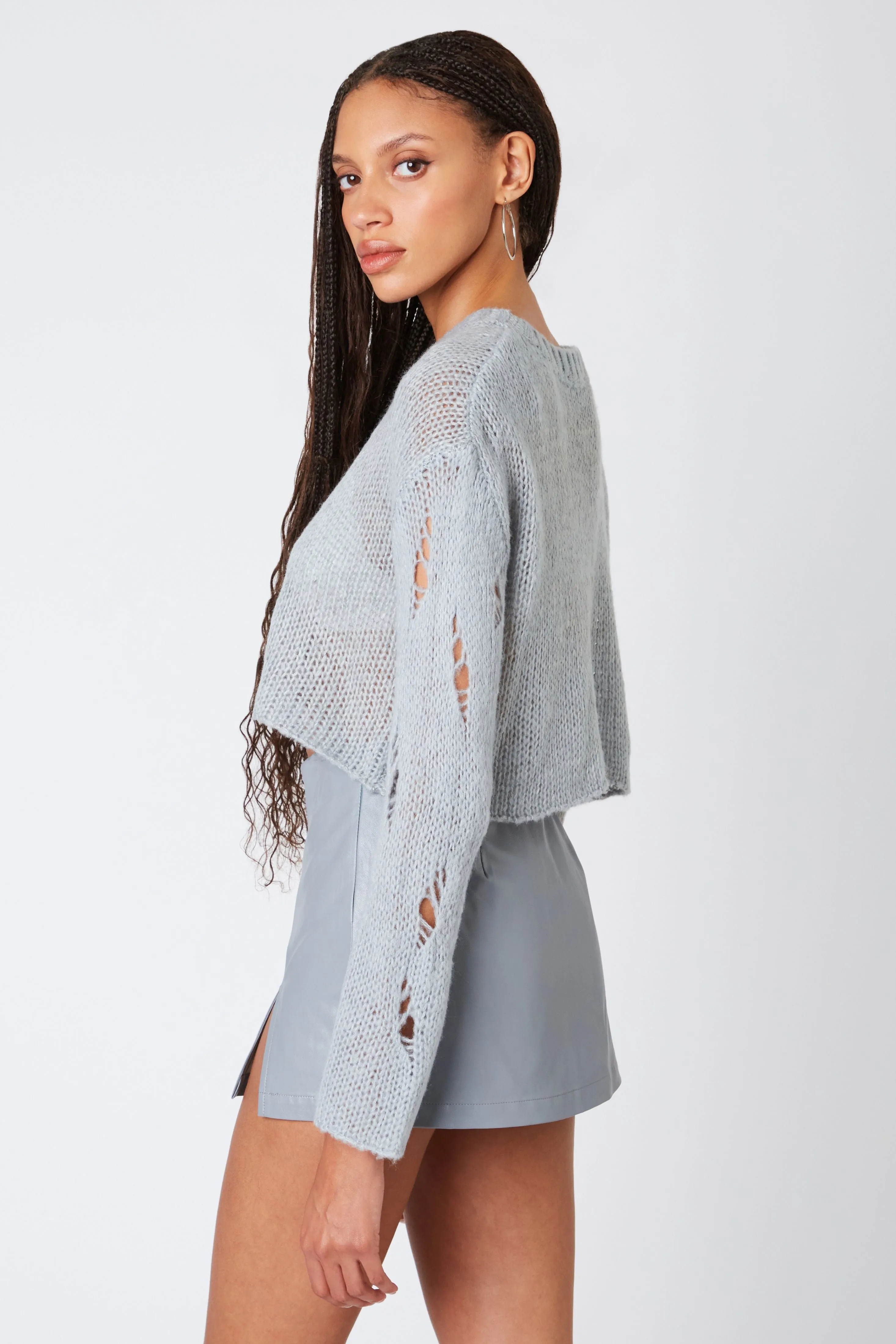 Sheer Knit Drop Shoulder Sweater in Slate Blue