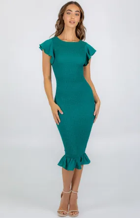 Shirred Midi Dress with  Butterfly Sleeve