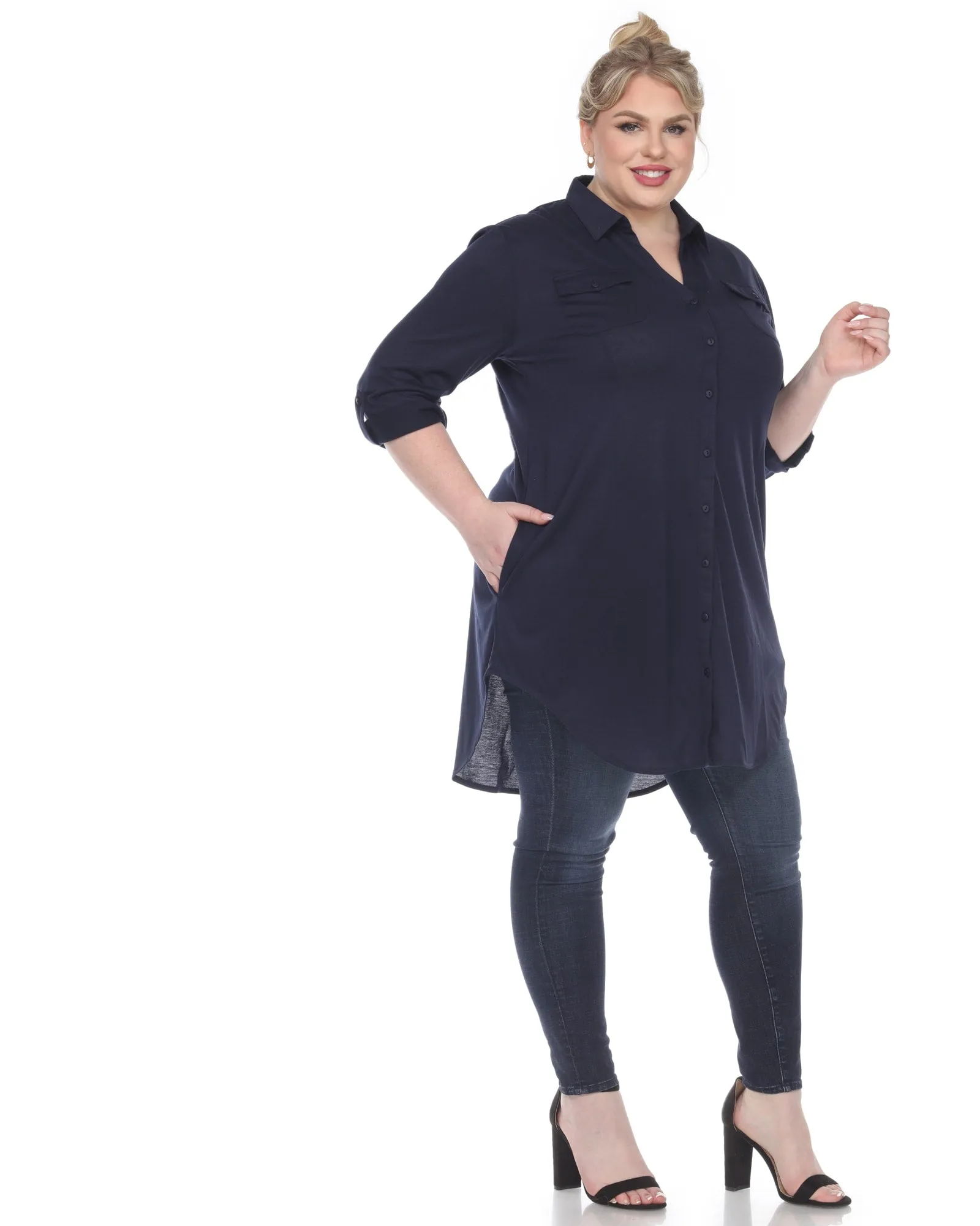 Stretchy Button Down Tunic Top | Navy