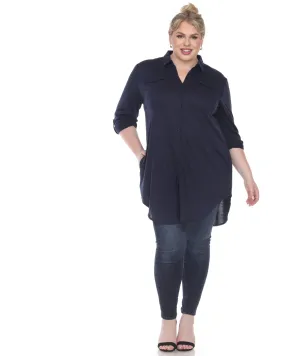 Stretchy Button Down Tunic Top | Navy