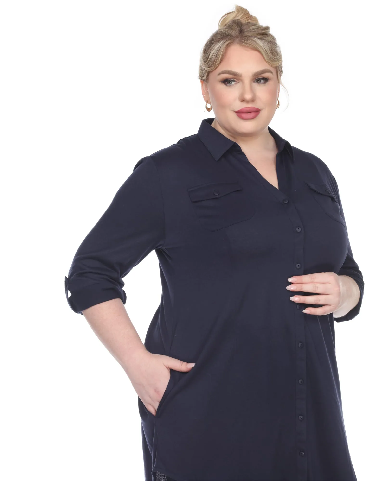 Stretchy Button Down Tunic Top | Navy