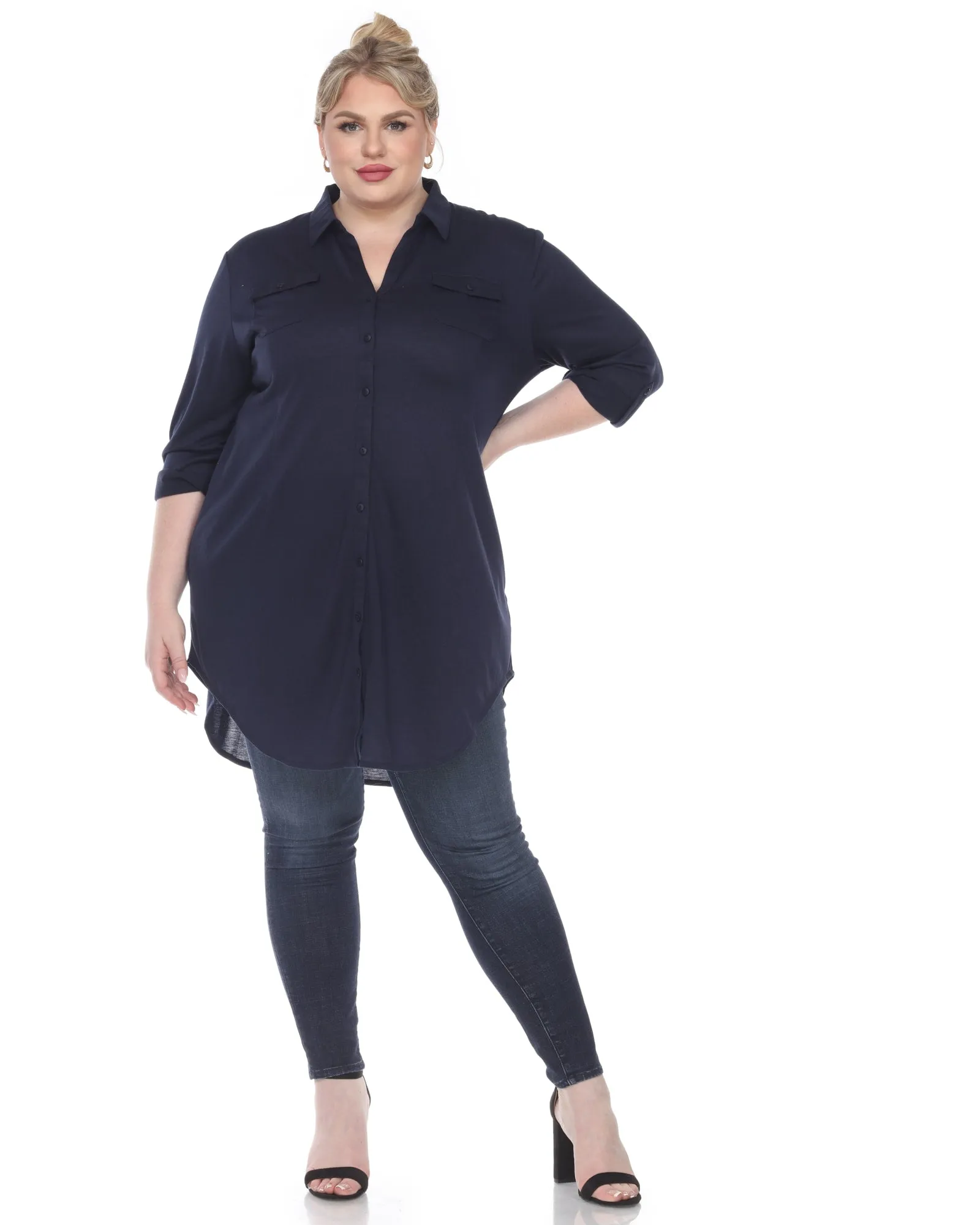 Stretchy Button Down Tunic Top | Navy