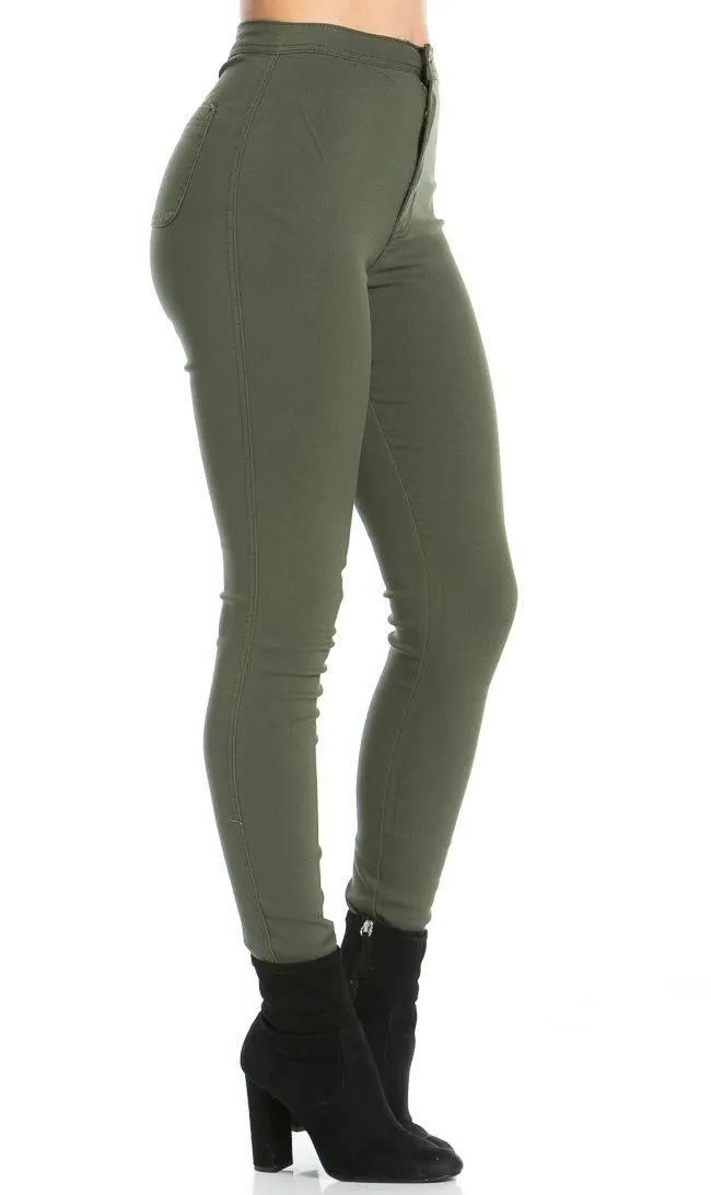 Super High Waisted Stretchy Skinny Jeans - Olive