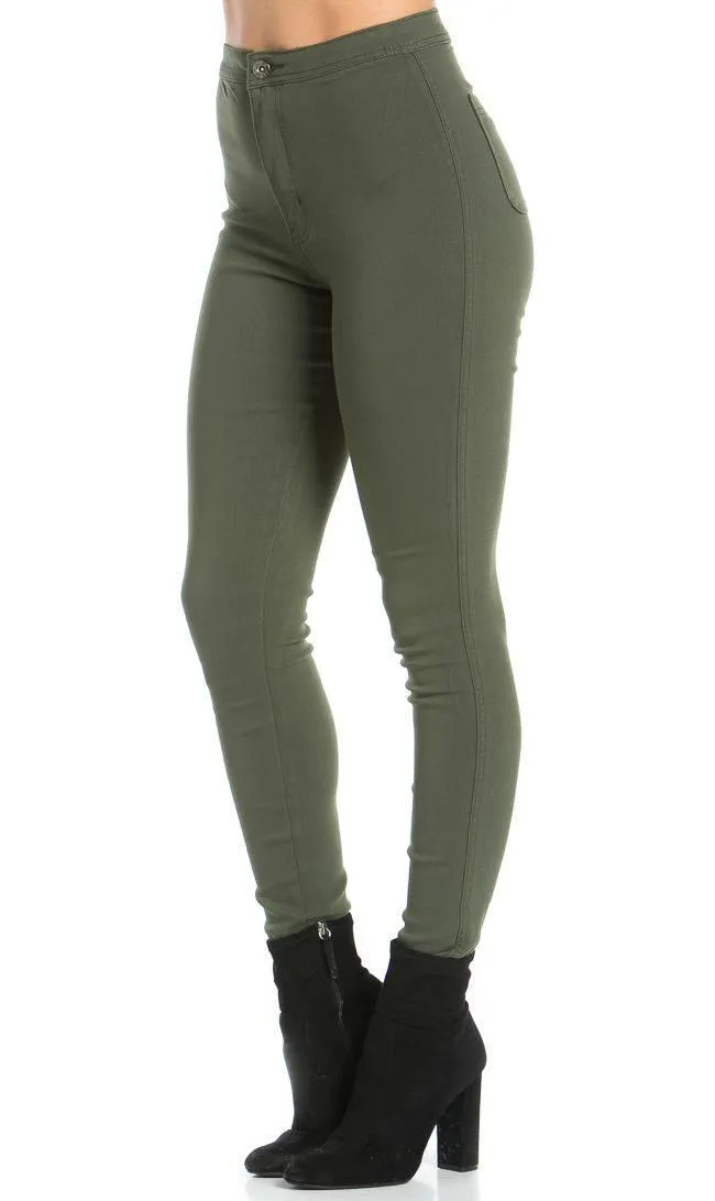 Super High Waisted Stretchy Skinny Jeans - Olive