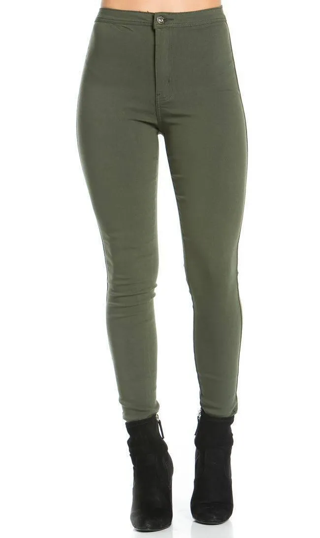 Super High Waisted Stretchy Skinny Jeans - Olive