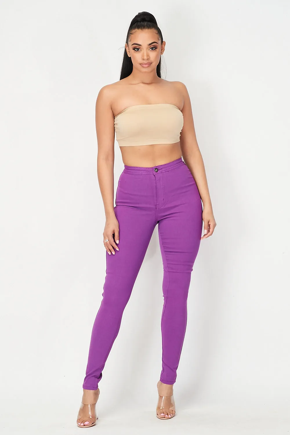 Super High Waisted Stretchy Skinny Jeans - Purple