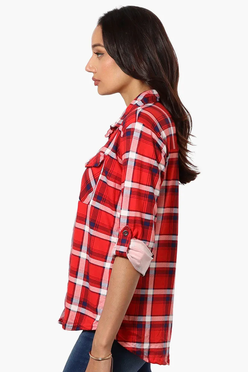 Urbanology Plaid Roll Up Sleeve Button Up Shirt - Red