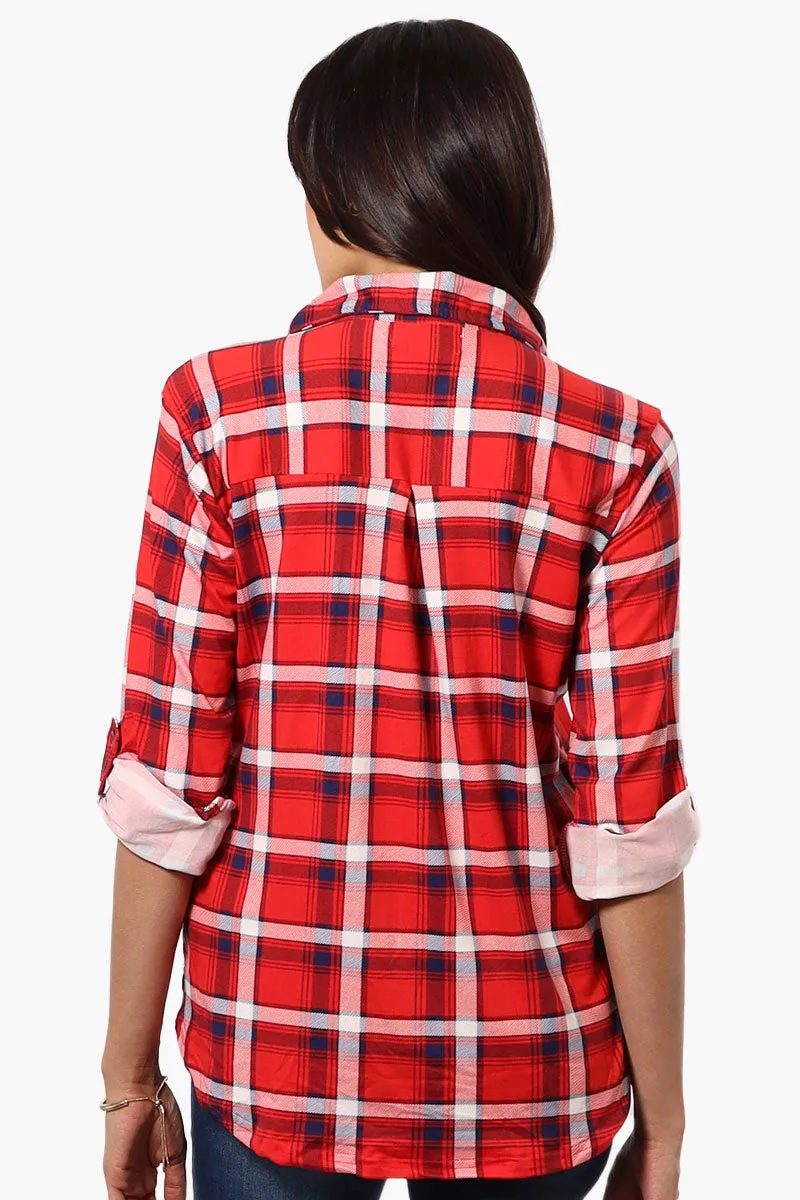 Urbanology Plaid Roll Up Sleeve Button Up Shirt - Red