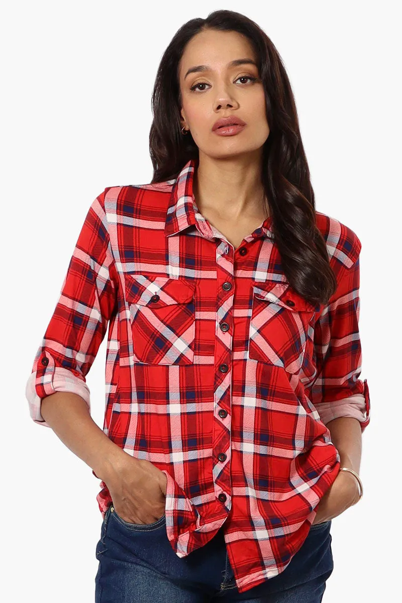 Urbanology Plaid Roll Up Sleeve Button Up Shirt - Red